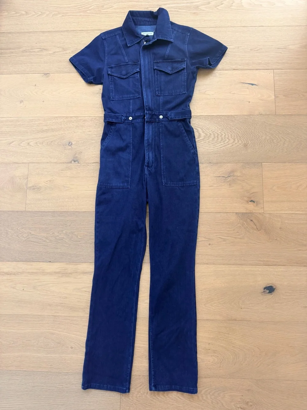 Good American Revolve Fit For Success Jumpsuit 1 S Indigo Denim Utility Sleeve